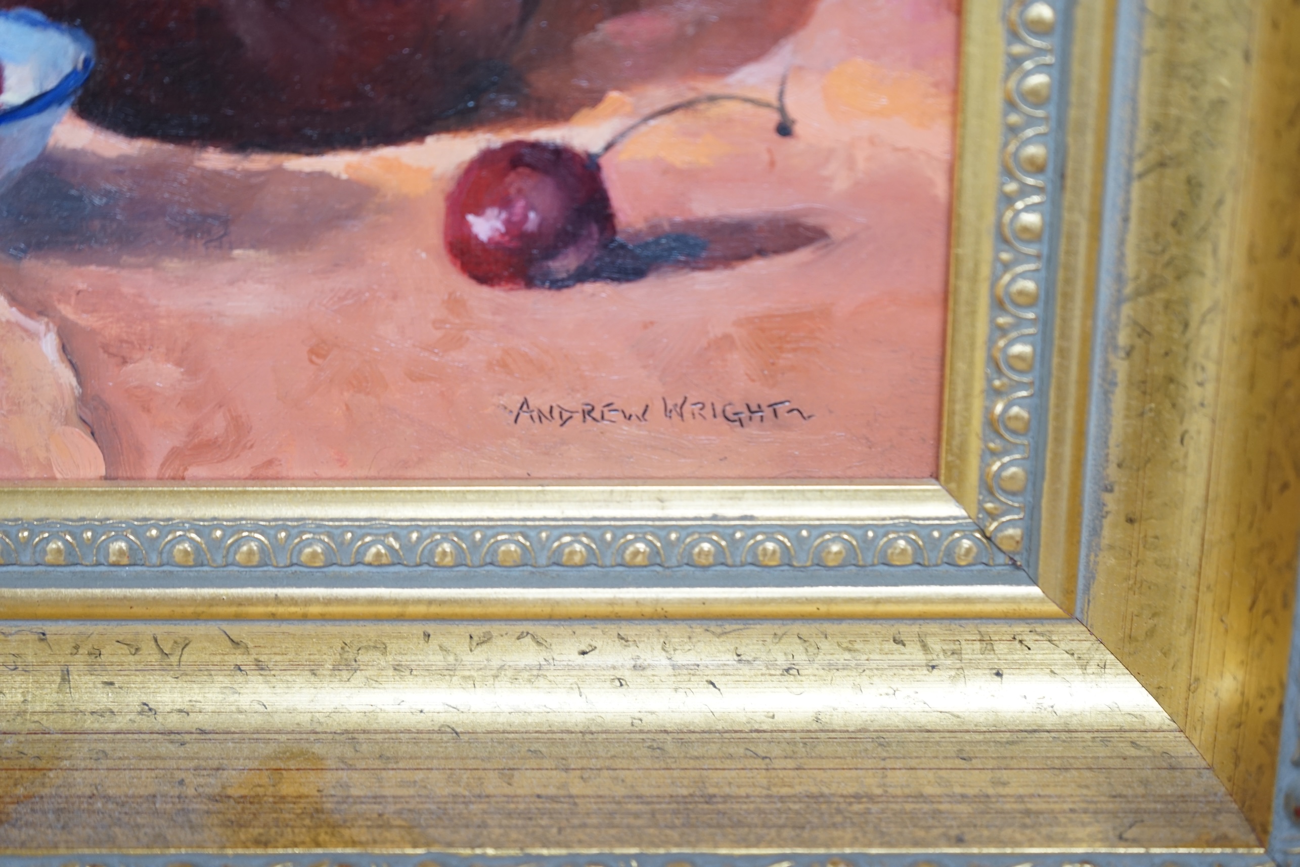 Andrew Wright, oil on board, Still life with cherries, signed, 21 x 28cm, gilt framed. Condition - good